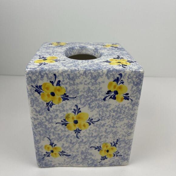 Vestal Alcobaca Portugal Pottery Blue Sponge ware Yellow FlowerTissue Box Cover - Picture 4 of 10